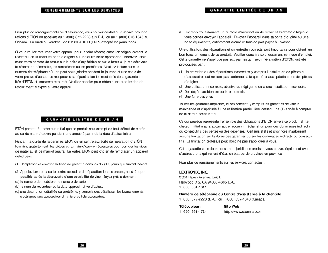 Eton ESP2100 Lextronix, Inc, Numéro de téléphone du Centre d’assistance à la clientèle, Télécopieur Site Web 650 