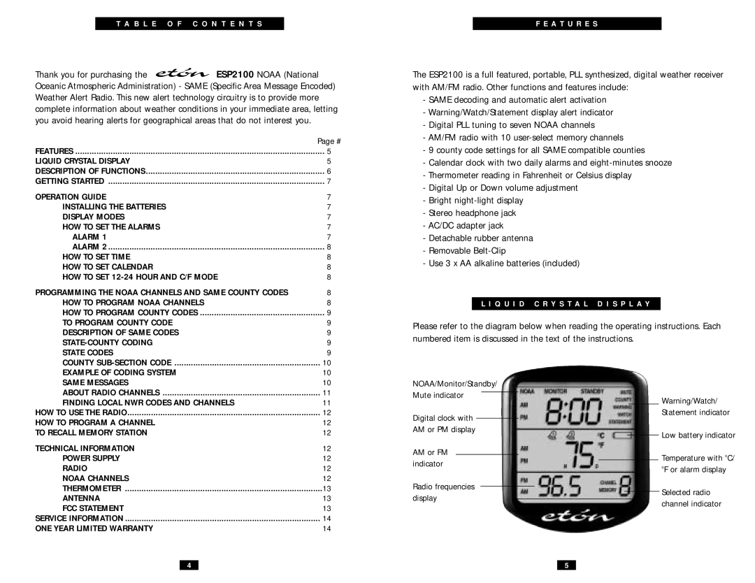 Eton ESP2100 operation manual Liquid Crystal Display, HOW to Program Noaa Channels, Example of Coding System Same Messages 