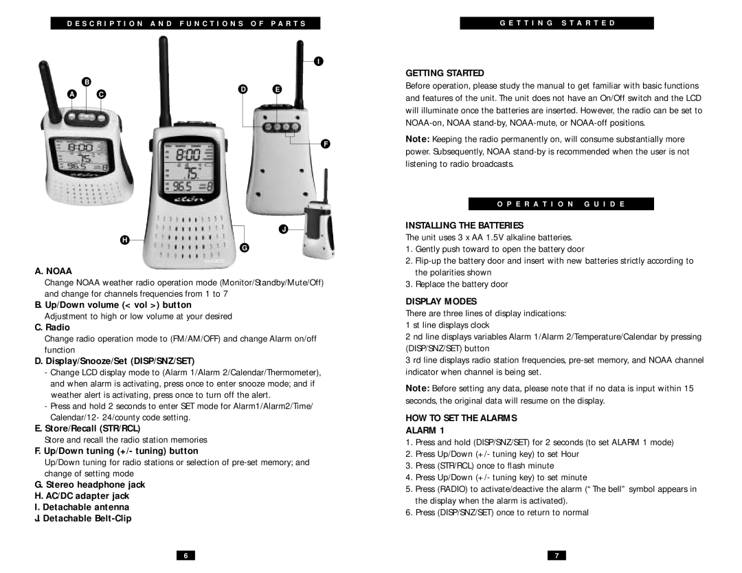 Eton ESP2100 operation manual Noaa, Getting Started, Installing the Batteries, Display Modes, HOW to SET the Alarms 