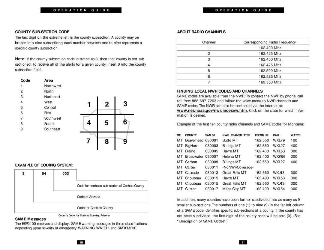 Eton ESP2100 County SUB-SECTION Code, Example of Coding System, About Radio Channels, Finding Local NWR Codes and Channels 