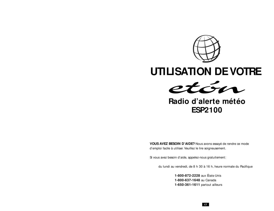 Eton ESP2100 operation manual Utilisation DE Votre, Aux États-Unis1-800-637-1648 au Canada 