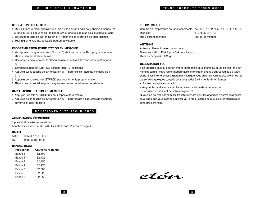 Eton ESP2100 Utilisation De La Radio, Programmation D’Une Station En Mémoire, Rappel D’Une Station En Mémoire, Fréquence 
