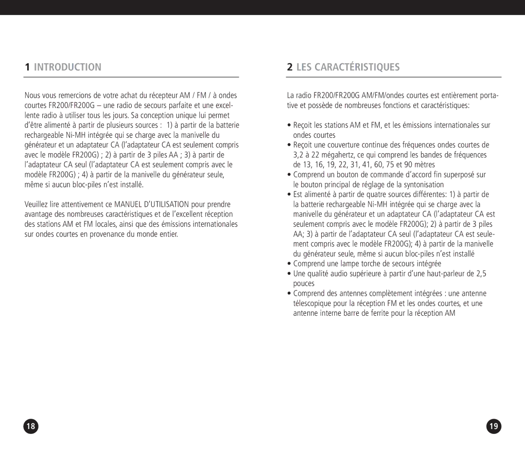 Eton FF200 operation manual Introduction, LES Caractéristiques 