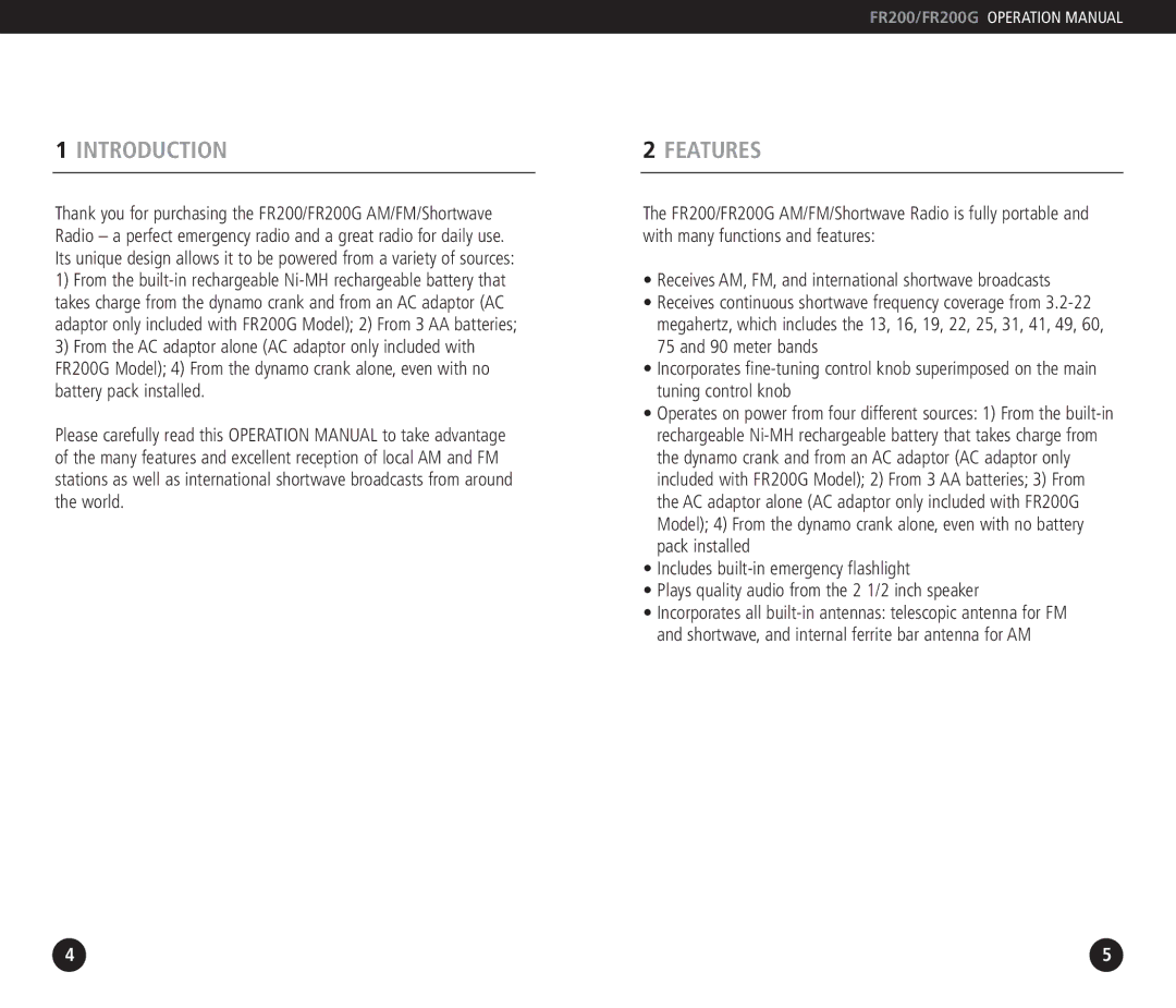 Eton FF200 operation manual Introduction, Features 