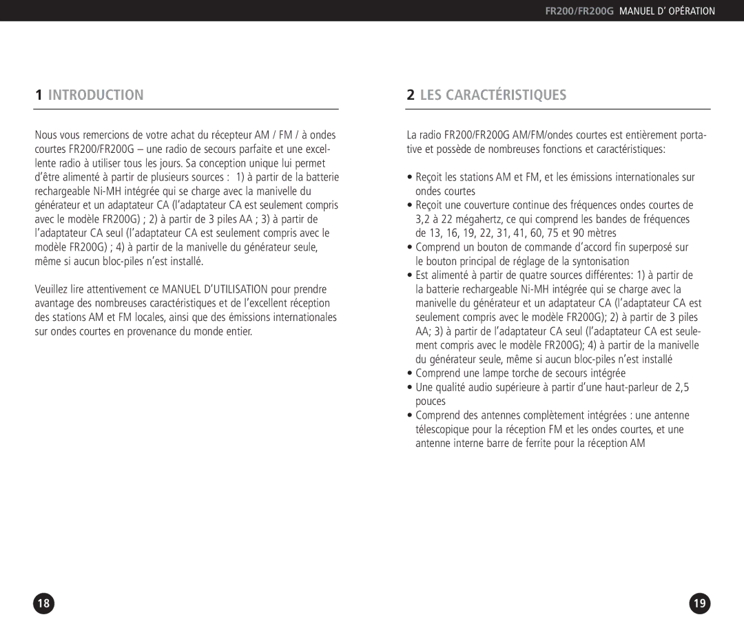 Eton FR 200, FR200G operation manual Introduction, LES Caractéristiques 