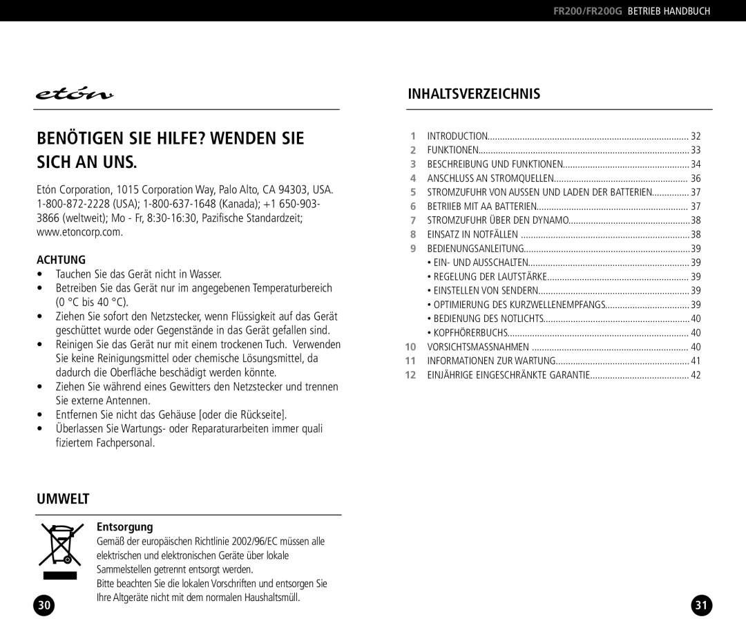 Eton FR 200, FR200G operation manual Achtung, Entsorgung 