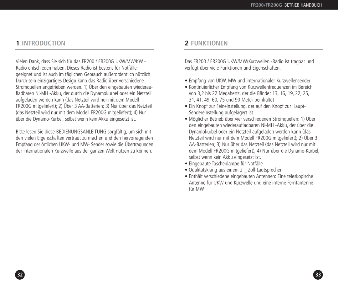 Eton FR200G, FR 200 operation manual Funktionen, Empfang von UKW, MW und internationaler Kurzwellensender 