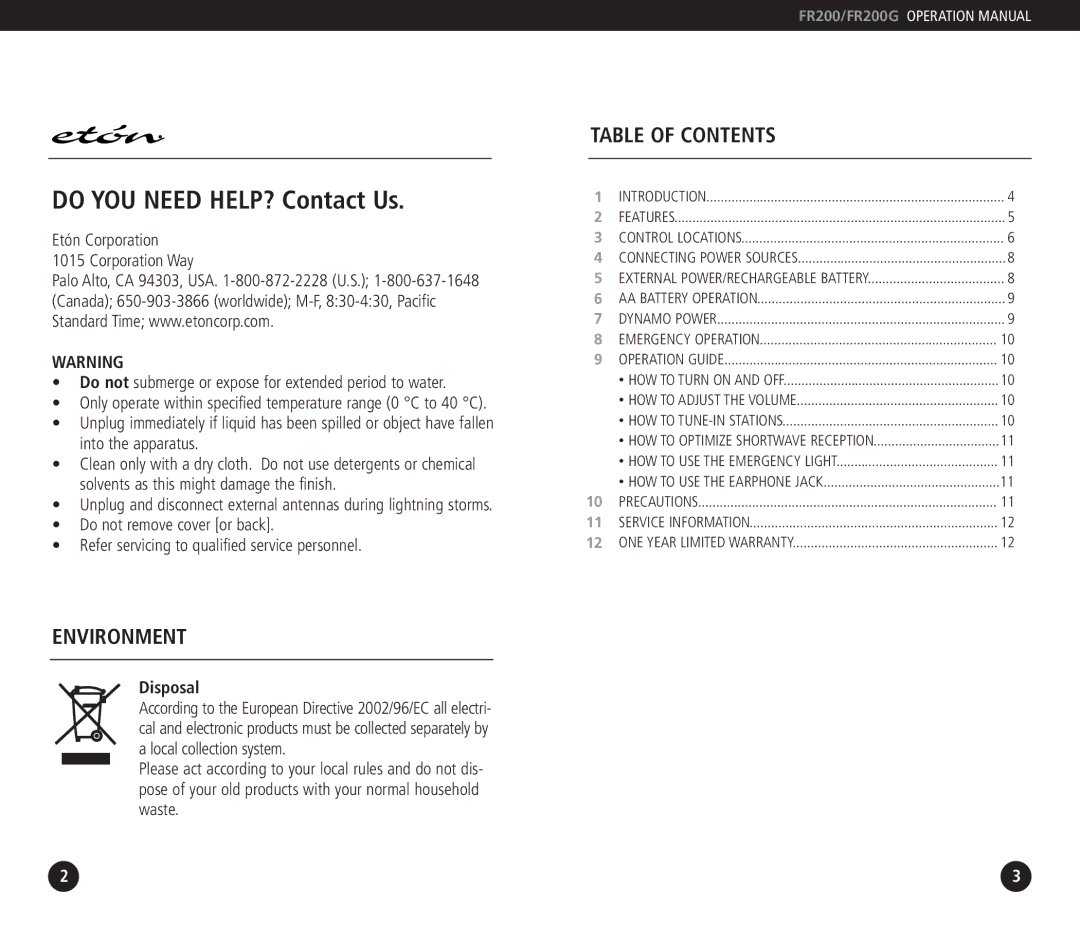 Eton FR 200, FR200G operation manual Do YOU Need HELP? Contact Us 