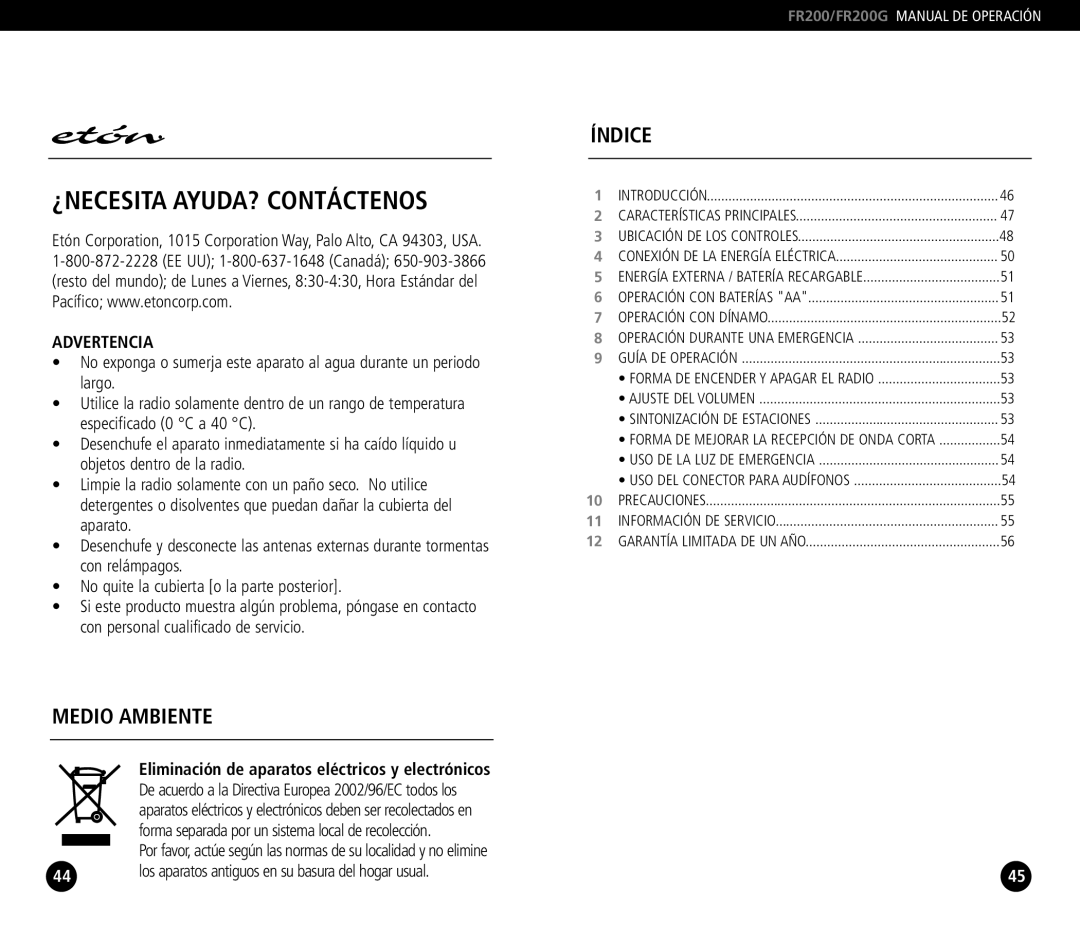 Eton FR200G, FR 200 operation manual Advertencia, Eliminación de aparatos eléctricos y electrónicos 