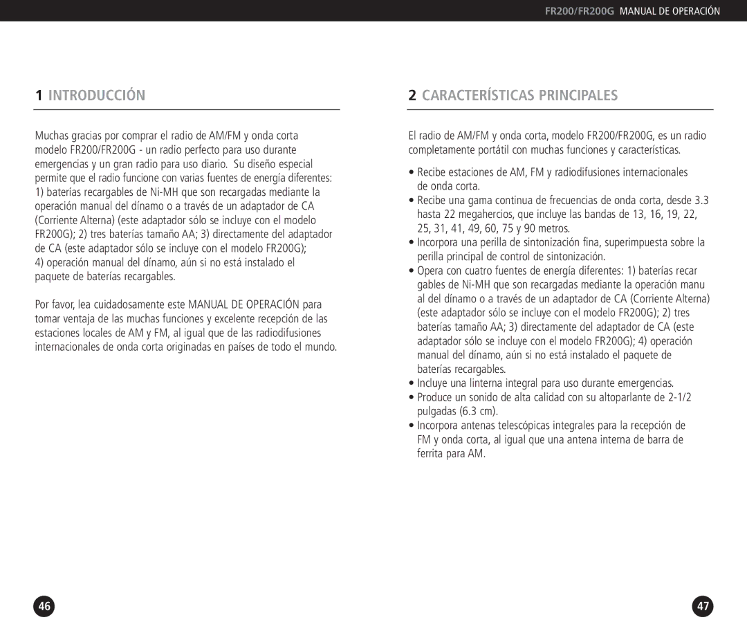 Eton FR 200, FR200G operation manual Introducción, Características Principales 