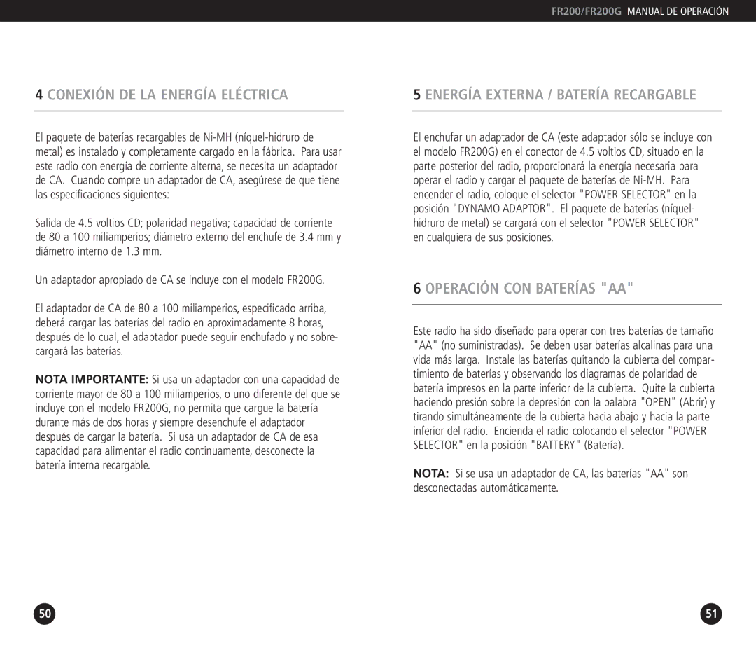 Eton FR 200, FR200G Conexión DE LA Energía Eléctrica, Energía Externa / Batería Recargable, Operación CON Baterías AA 