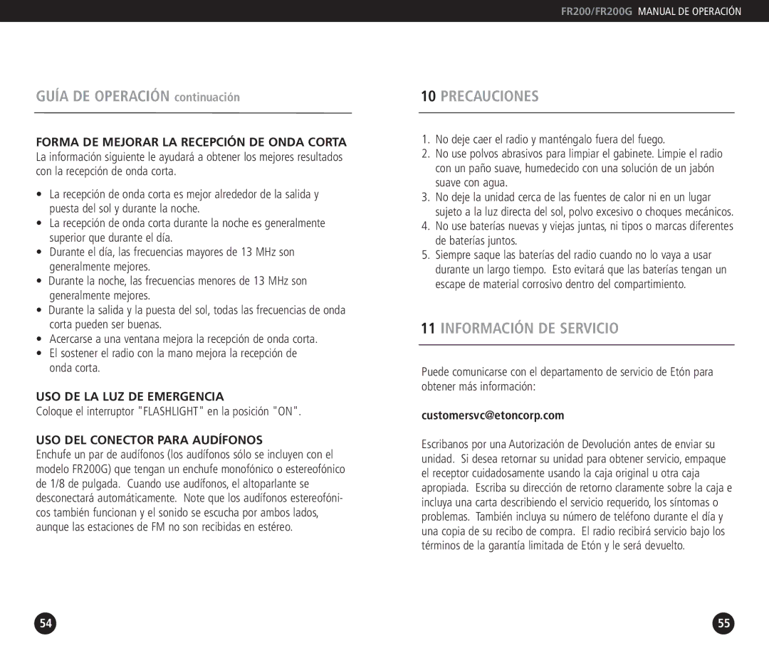 Eton FR 200, FR200G Guía DE Operación continuación, Precauciones, Información DE Servicio, USO DE LA LUZ DE Emergencia 