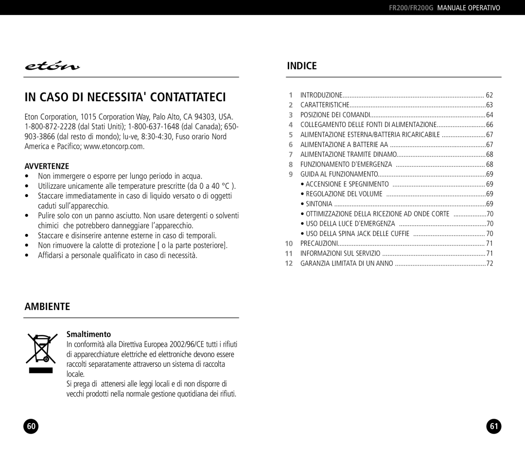 Eton FR200G, FR 200 operation manual Avvertenze, Smaltimento 