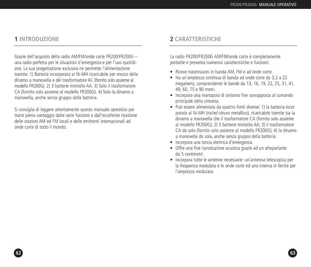 Eton FR 200, FR200G operation manual Introduzione, Caratteristiche 