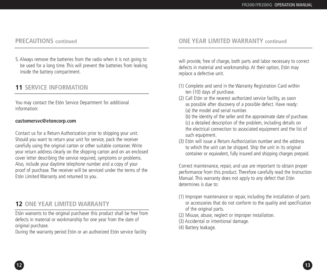 Eton FR200G, FR 200 operation manual Precautions, Service Information, ONE Year Limited Warranty, Customersvc@etoncorp.com 