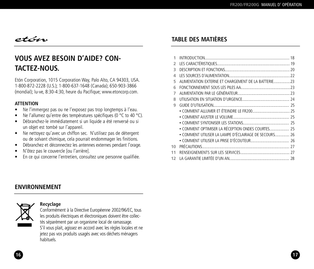 Eton FR200G, FR 200 operation manual Ne l’immergez pas ou ne l’exposez pas trop longtemps à l’eau, Recyclage 