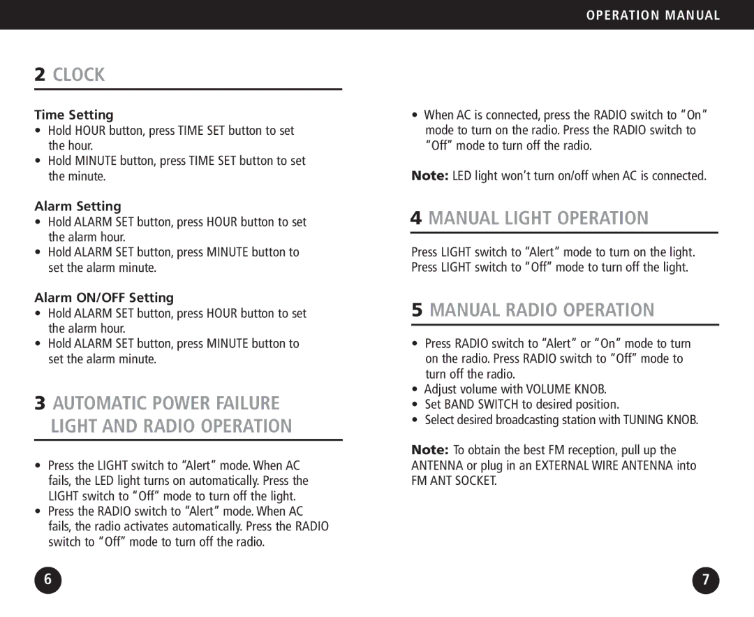 Eton FR100 operation manual Clock, Manual Light Operation, Manual Radio Operation 