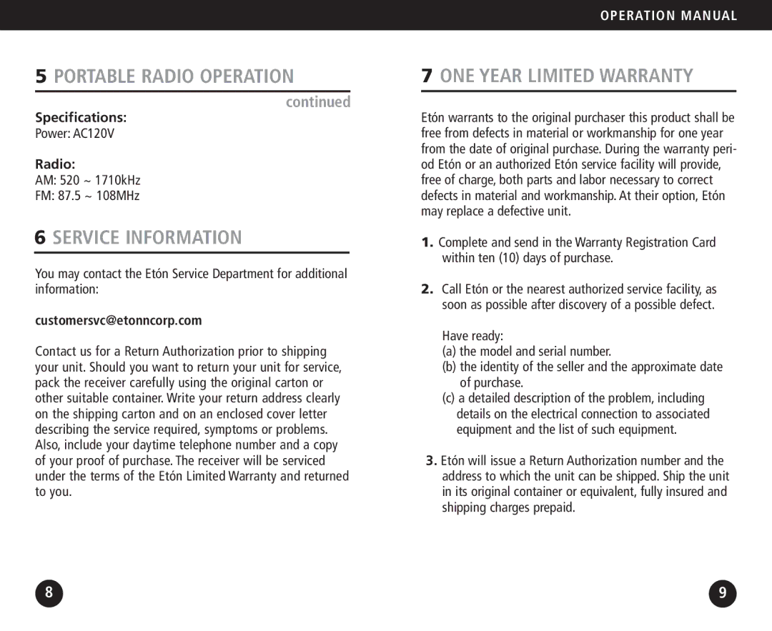 Eton FR100 operation manual Portable Radio Operation, Service Information, ONE Year Limited Warranty 