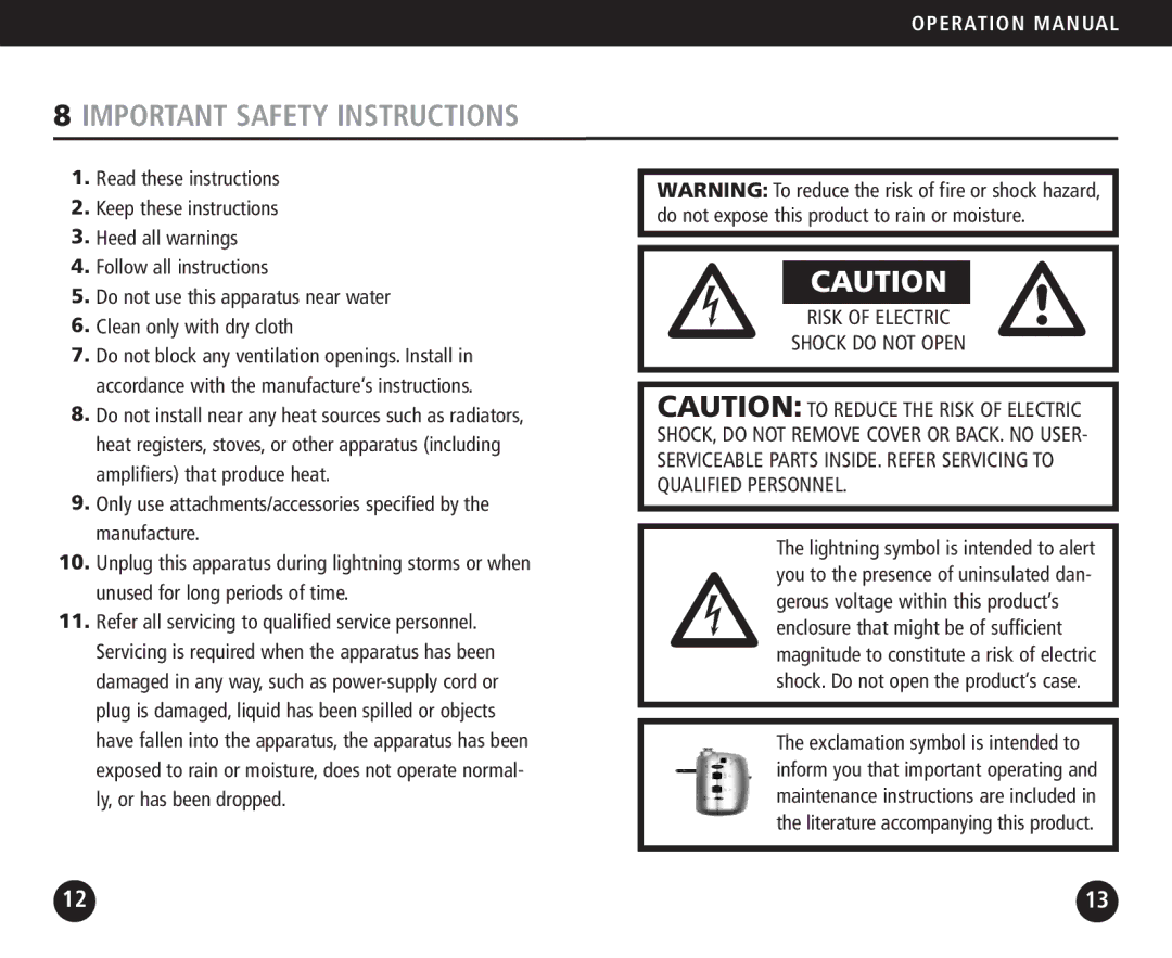 Eton FR100 operation manual Important Safety Instructions, Risk of Electric Shock do not Open 