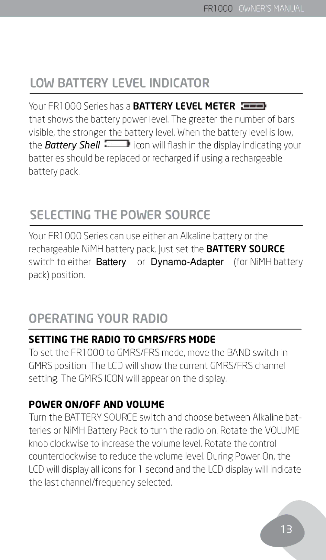 Eton FR1000 LOW Battery Level Indicator, Selecting the Power Source, Operating Your Radio, Power ON/OFF and Volume 