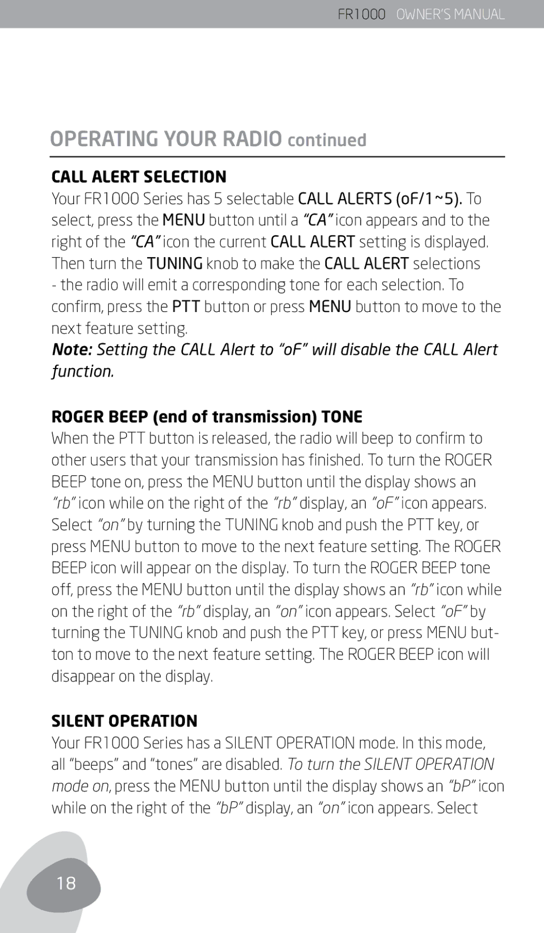 Eton FR1000 owner manual Call Alert Selection, Roger Beep end of transmission Tone, Silent Operation 