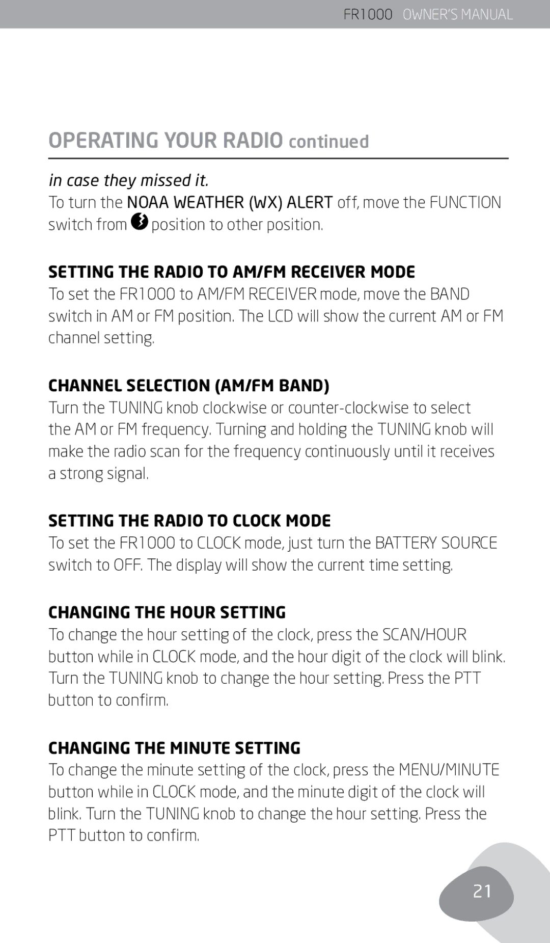 Eton FR1000 Setting the Radio to AM/FM Receiver Mode, Channel Selection AM/FM Band, Setting the Radio to Clock Mode 