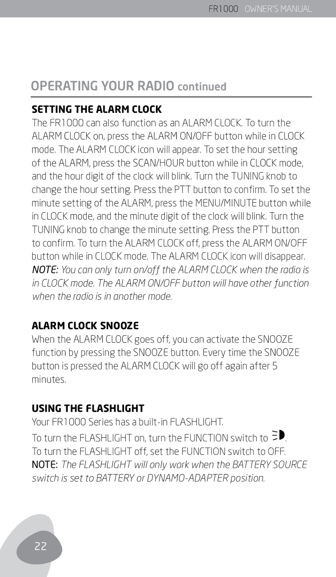 Eton FR1000 owner manual Setting the Alarm Clock, Alarm Clock Snooze, Using the Flashlight 