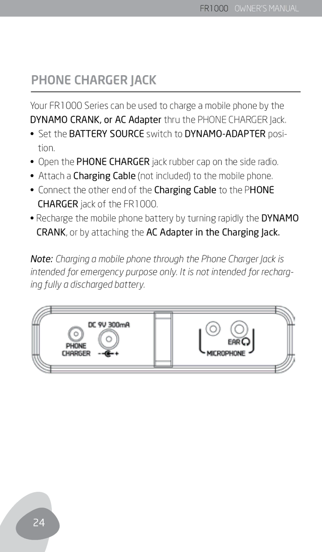 Eton FR1000 owner manual Phone Charger Jack 