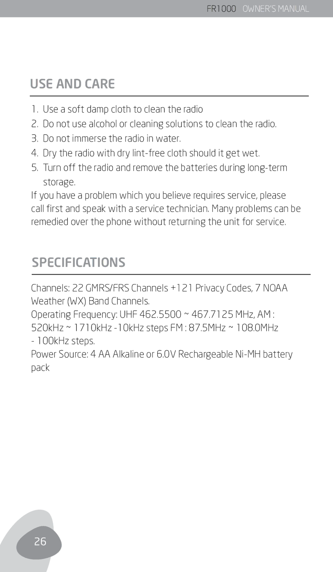 Eton FR1000 owner manual USE and Care, Specifications 