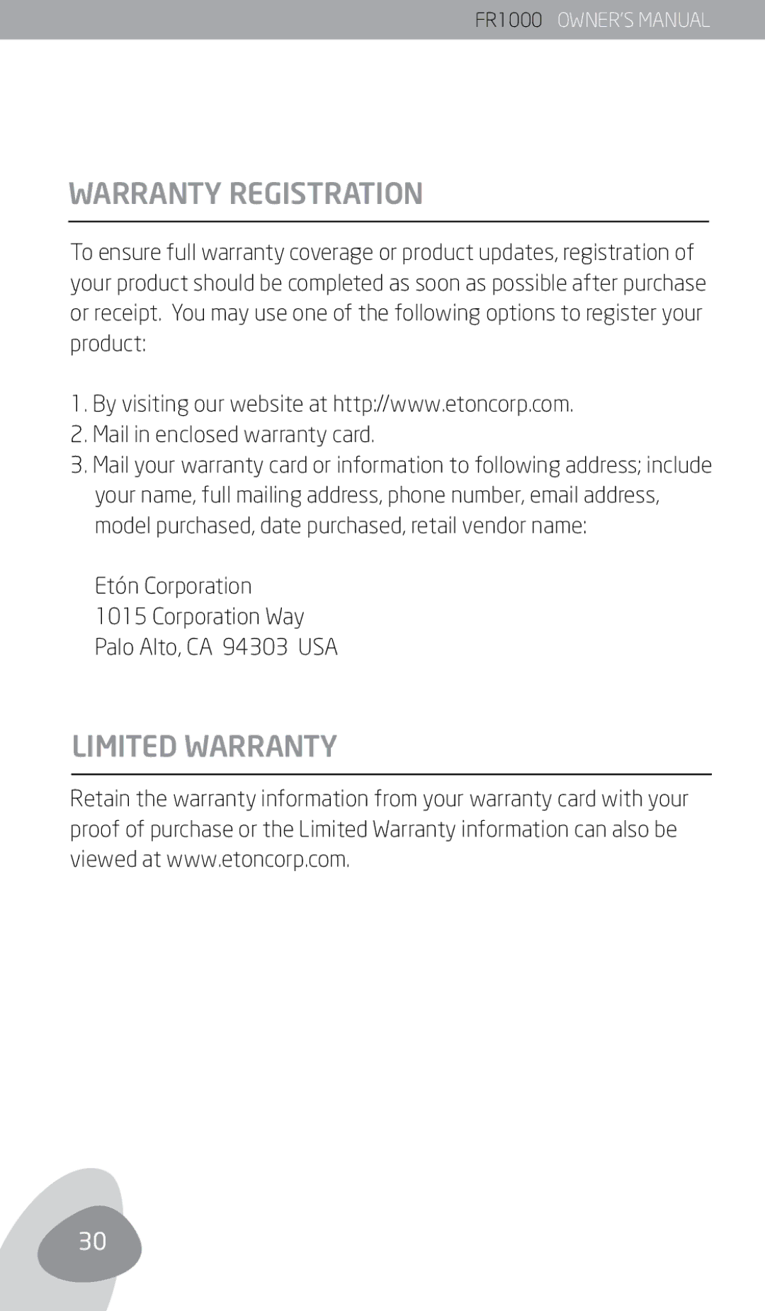 Eton FR1000 owner manual Warranty Registration, Limited Warranty, Etón Corporation 