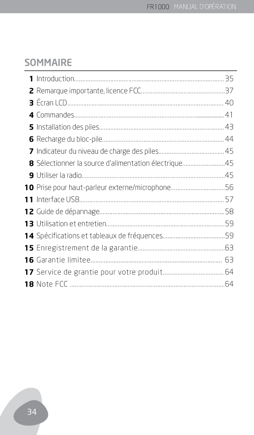 Eton FR1000 owner manual Sommaire 