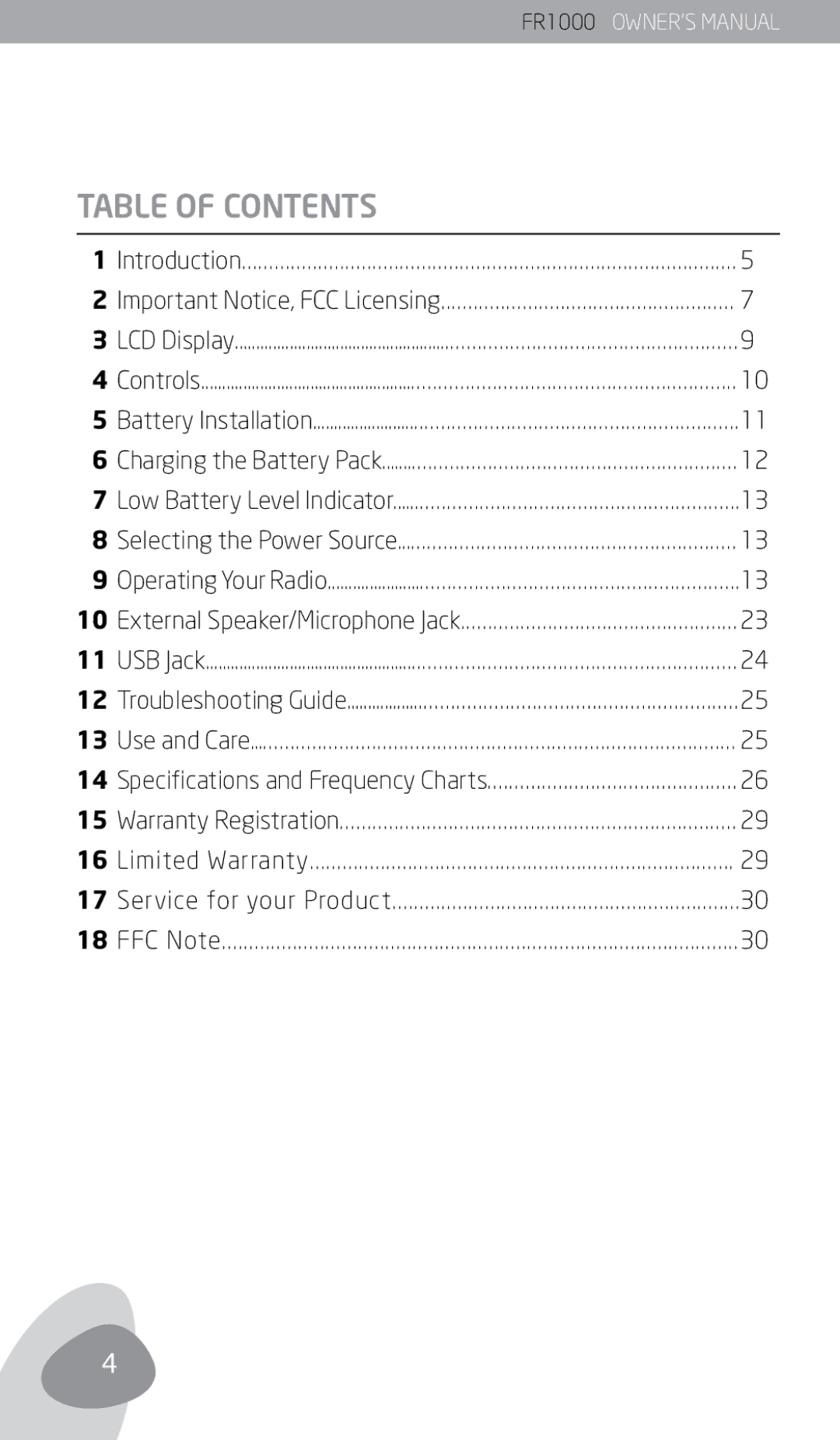 Eton FR1000 owner manual Table of Contents 