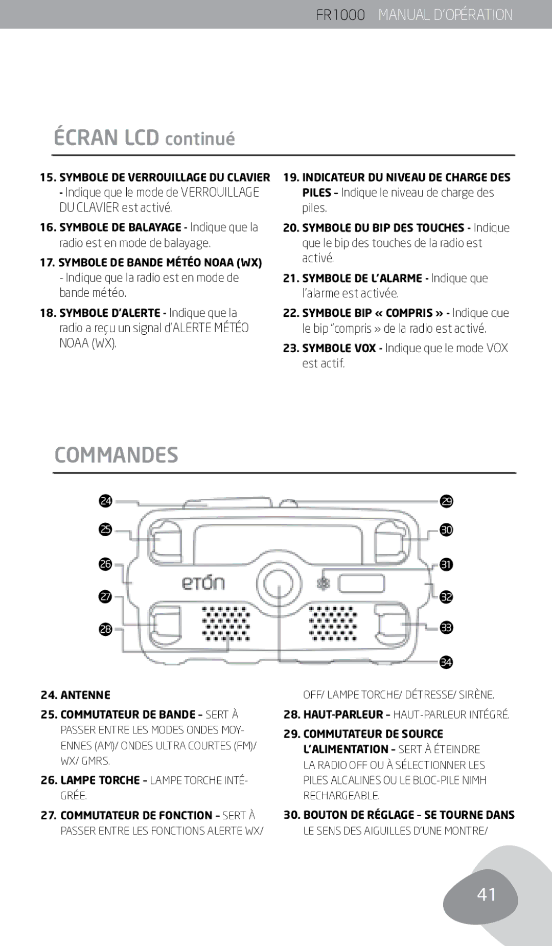 Eton FR1000 owner manual Écran LCD continué, Commandes 