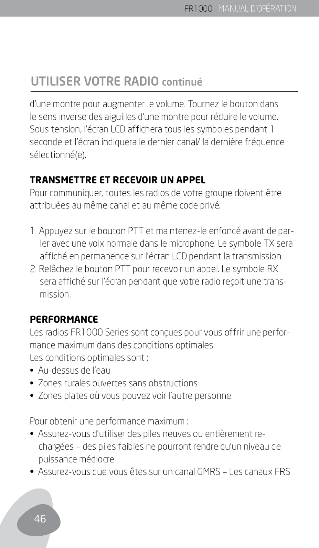 Eton FR1000 owner manual Utiliser Votre Radio continué, Transmettre ET Recevoir UN Appel, Performance 