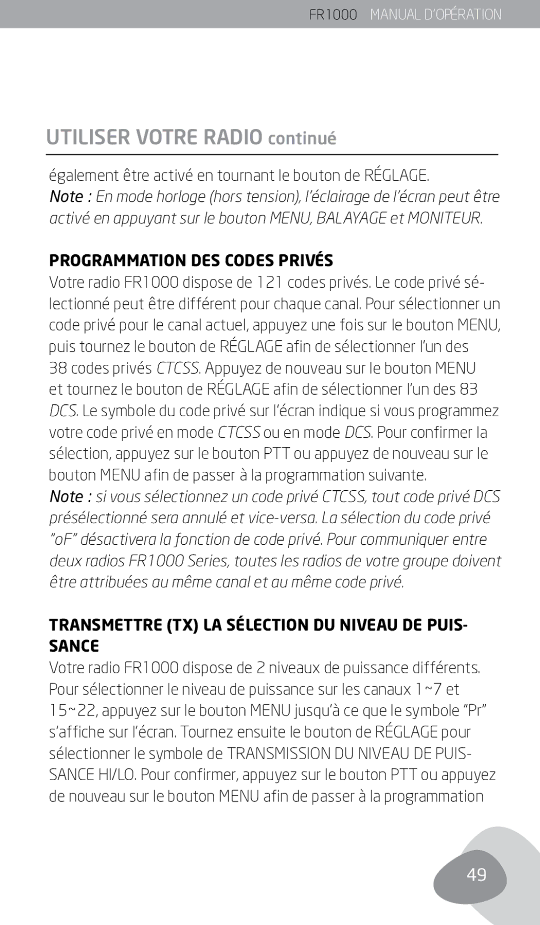 Eton FR1000 owner manual Également être activé en tournant le bouton de Réglage, Programmation DES Codes Privés 