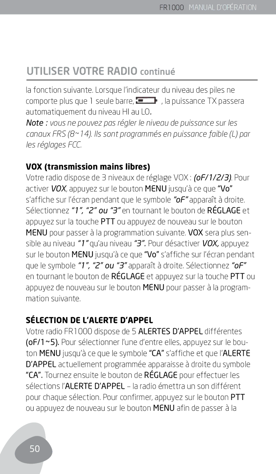 Eton FR1000 owner manual VOX transmission mains libres, Sélection DE L’ALERTE D’APPEL 