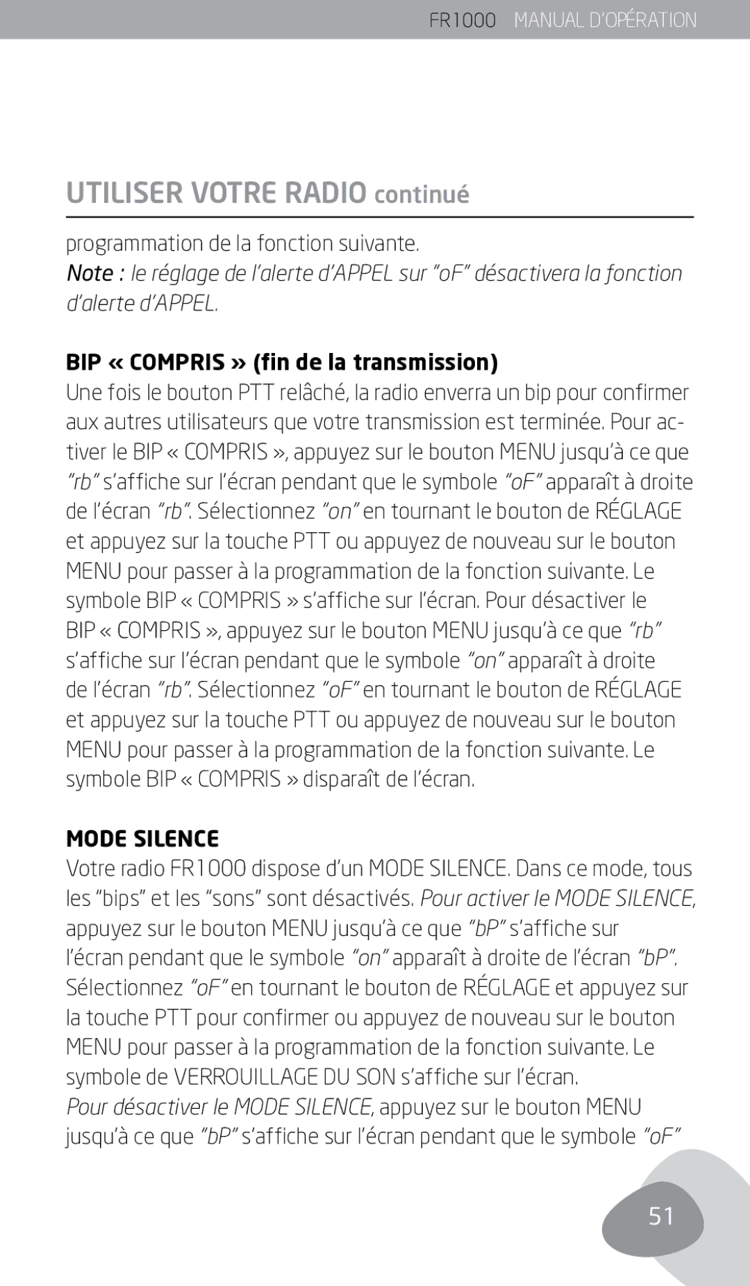 Eton FR1000 owner manual Programmation de la fonction suivante, BIP « Compris » fin de la transmission, Mode Silence 