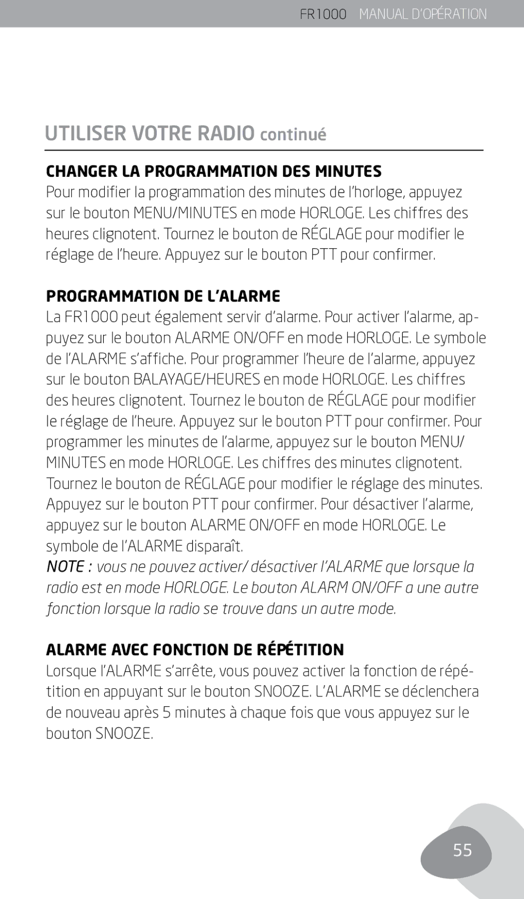 Eton FR1000 Changer LA Programmation DES Minutes, Programmation DE L’ALARME, Alarme Avec Fonction DE Répétition 