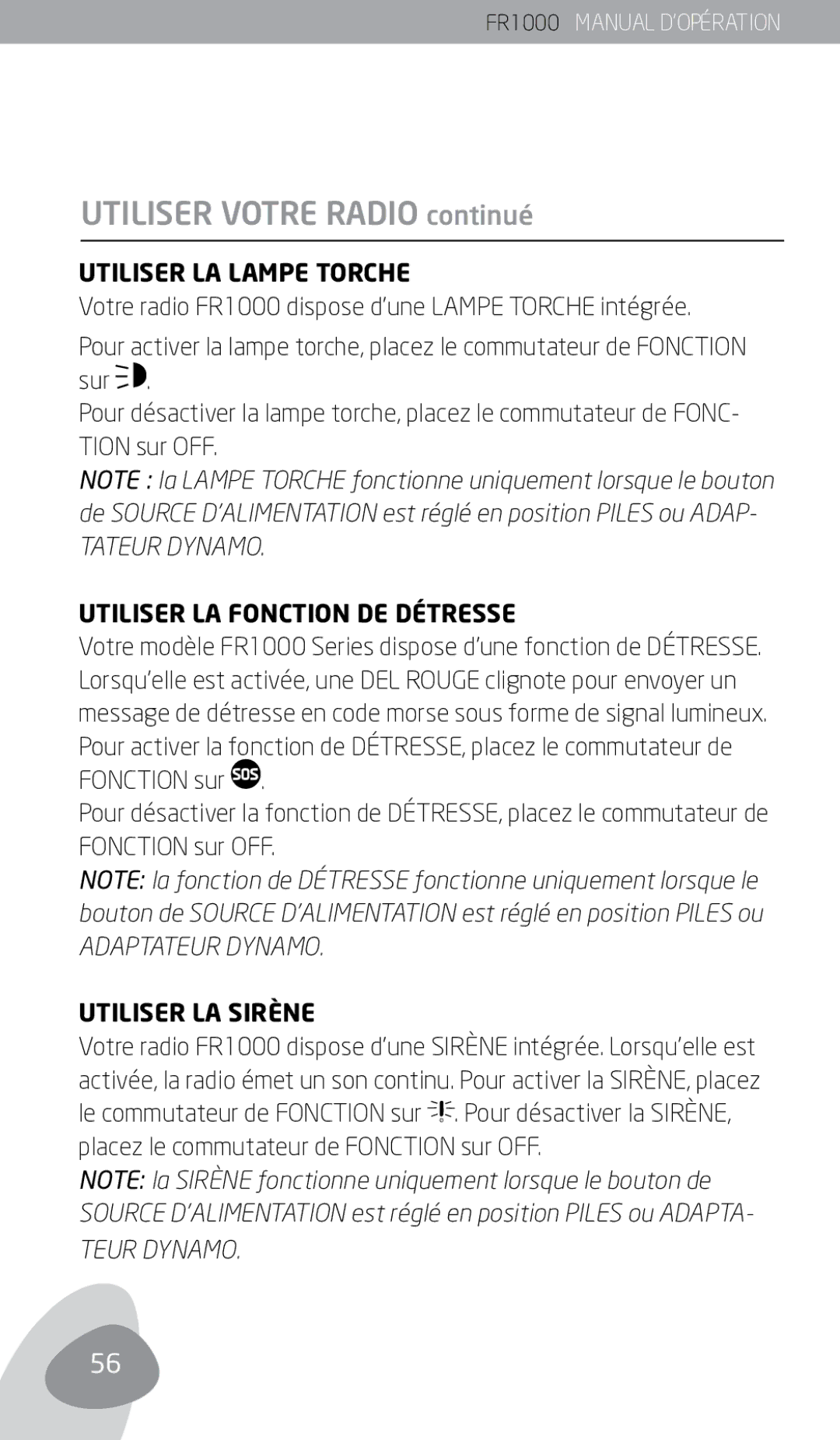 Eton FR1000 owner manual Utiliser LA Lampe Torche, Utiliser LA Fonction DE Détresse, Utiliser LA Sirène 