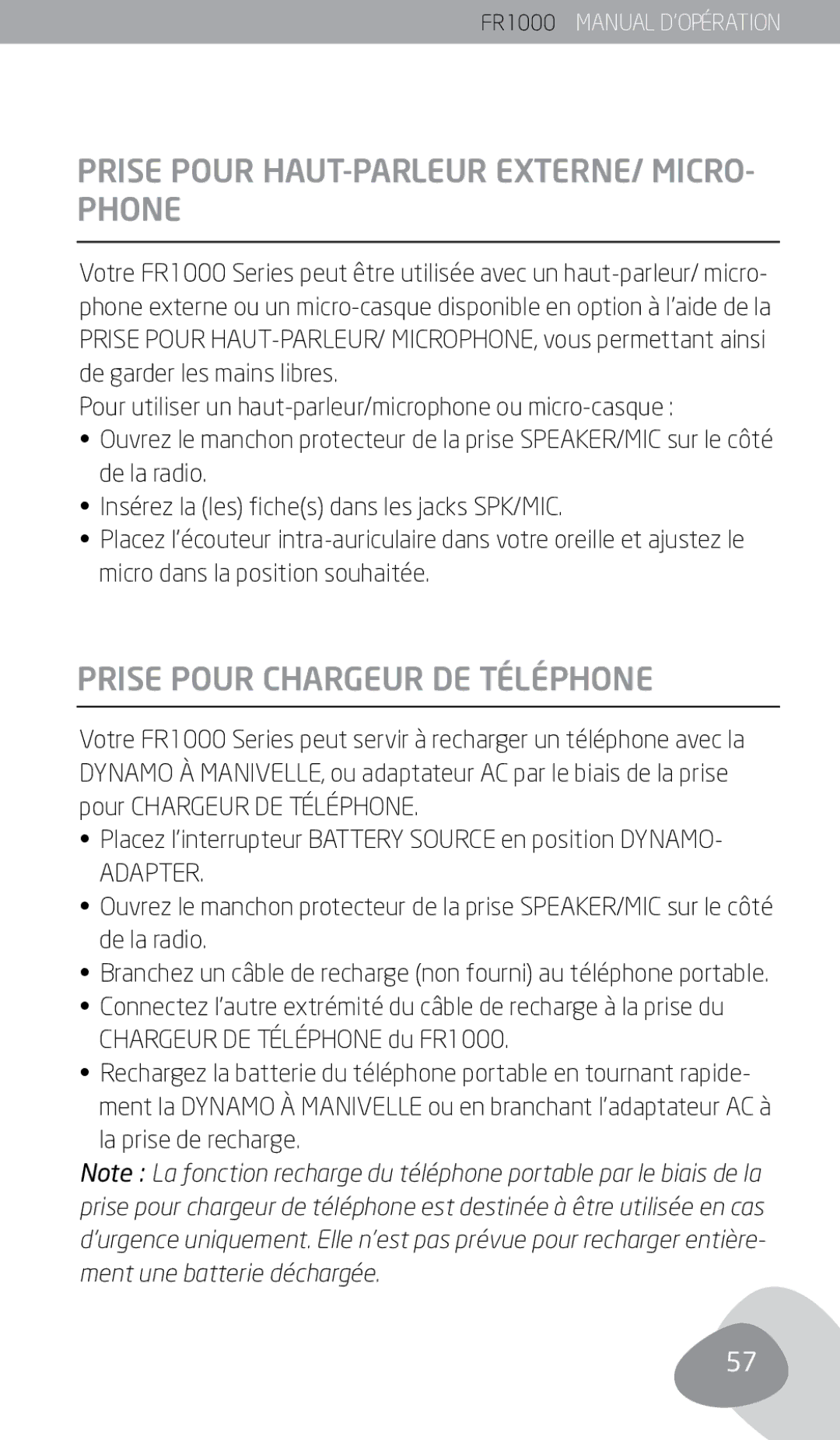 Eton FR1000 Prise Pour HAUT-PARLEUR EXTERNE/ MICRO- Phone, Prise Pour Chargeur DE Téléphone, La prise de recharge 