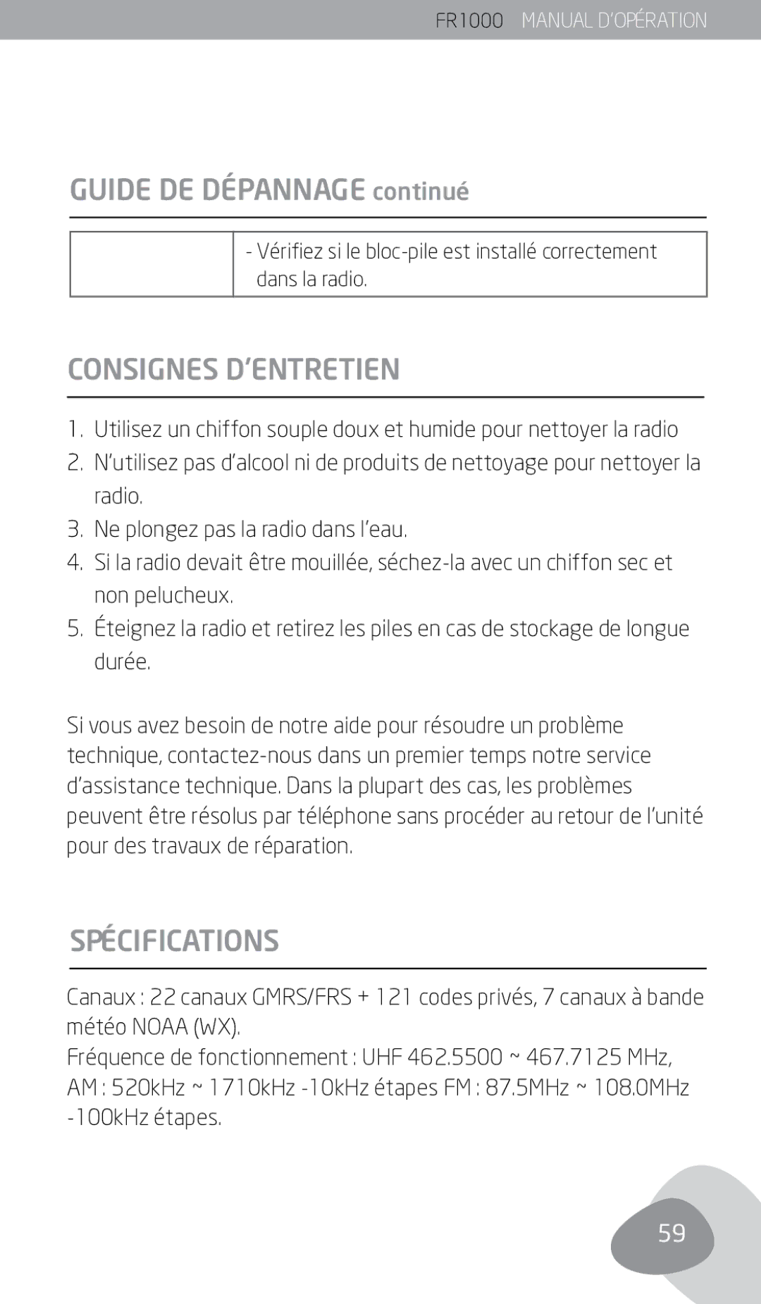 Eton FR1000 owner manual Guide DE Dépannage continué, Consignes D’ENTRETIEN, Spécifications 