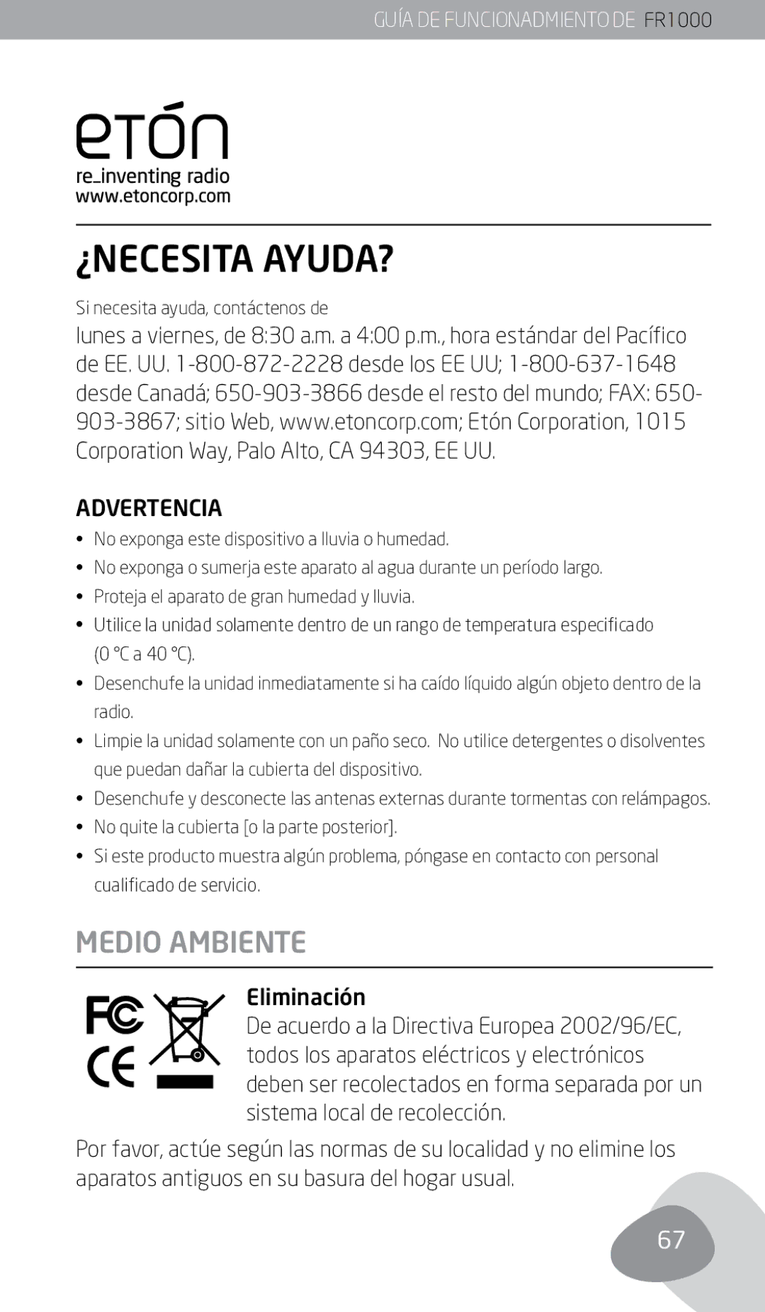 Eton FR1000 owner manual ¿Necesita ayuda?, Medio Ambiente 