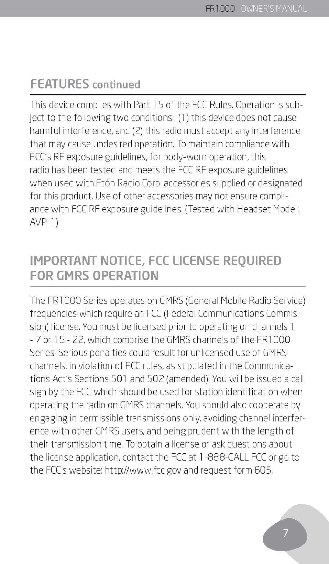 Eton FR1000 owner manual Important NOTICE, FCC License Required for Gmrs Operation 