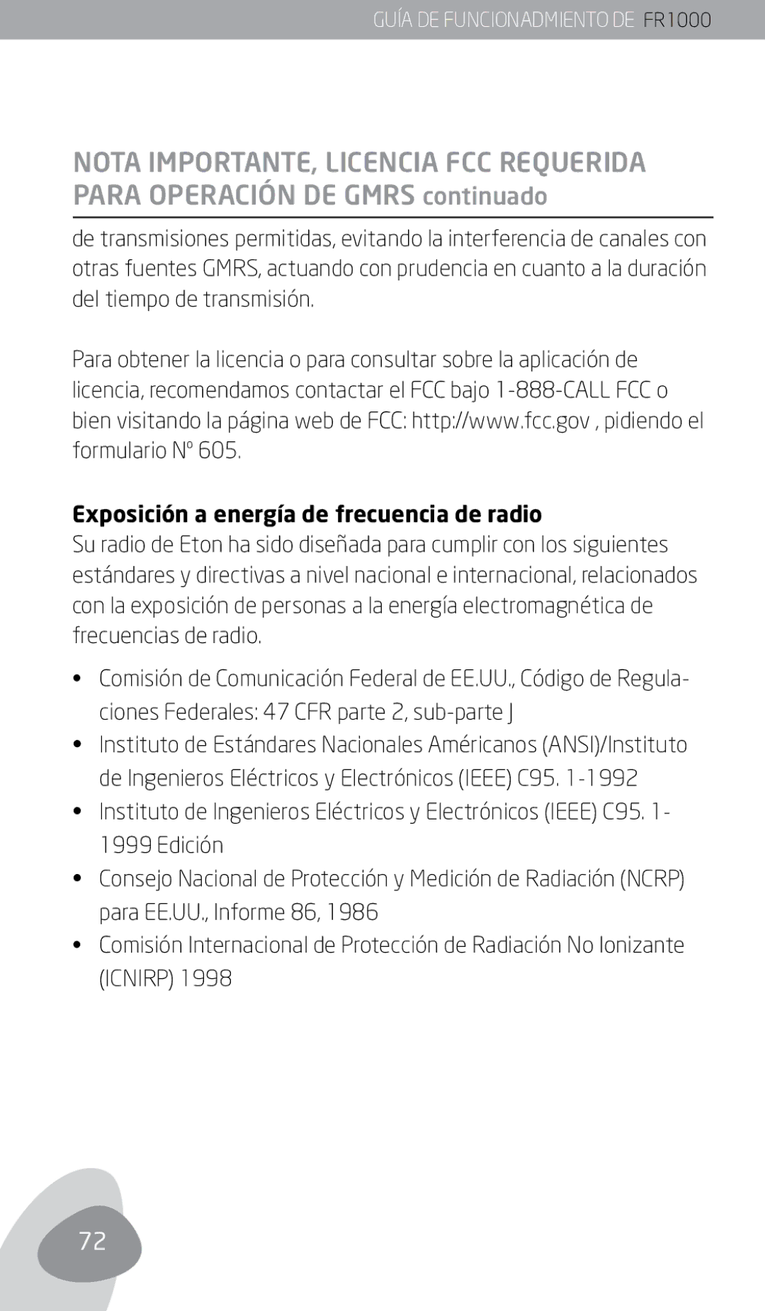 Eton FR1000 owner manual Exposición a energía de frecuencia de radio, Icnirp 