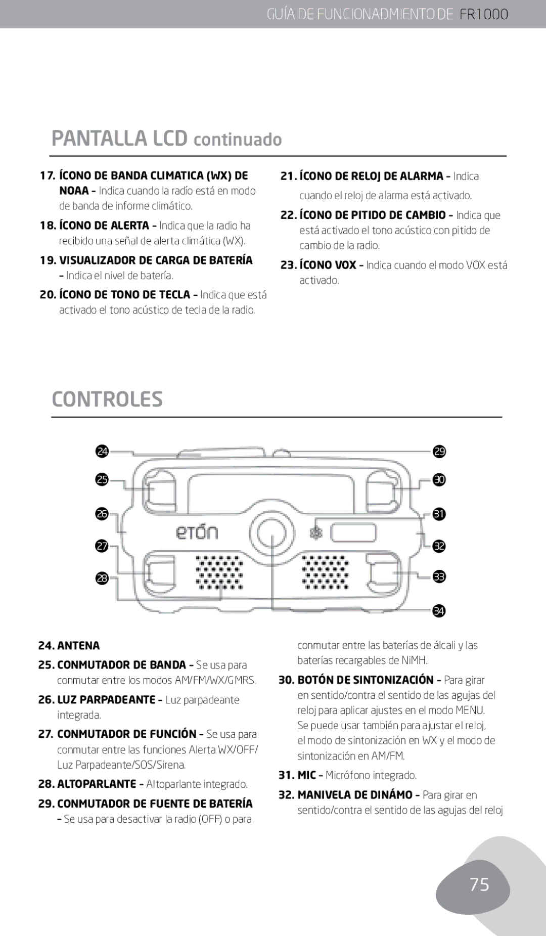 Eton FR1000 owner manual Pantalla LCD continuado, Controles 