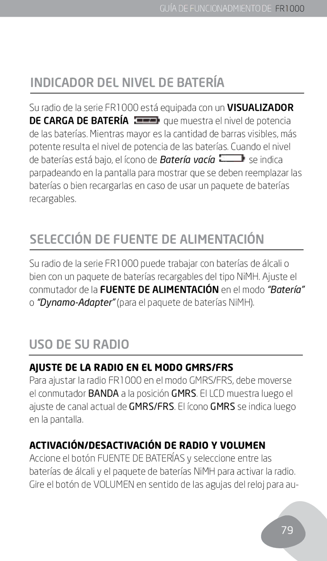 Eton FR1000 owner manual Indicador DEL Nivel DE Batería, Selección DE Fuente DE Alimentación, USO DE SU Radio 