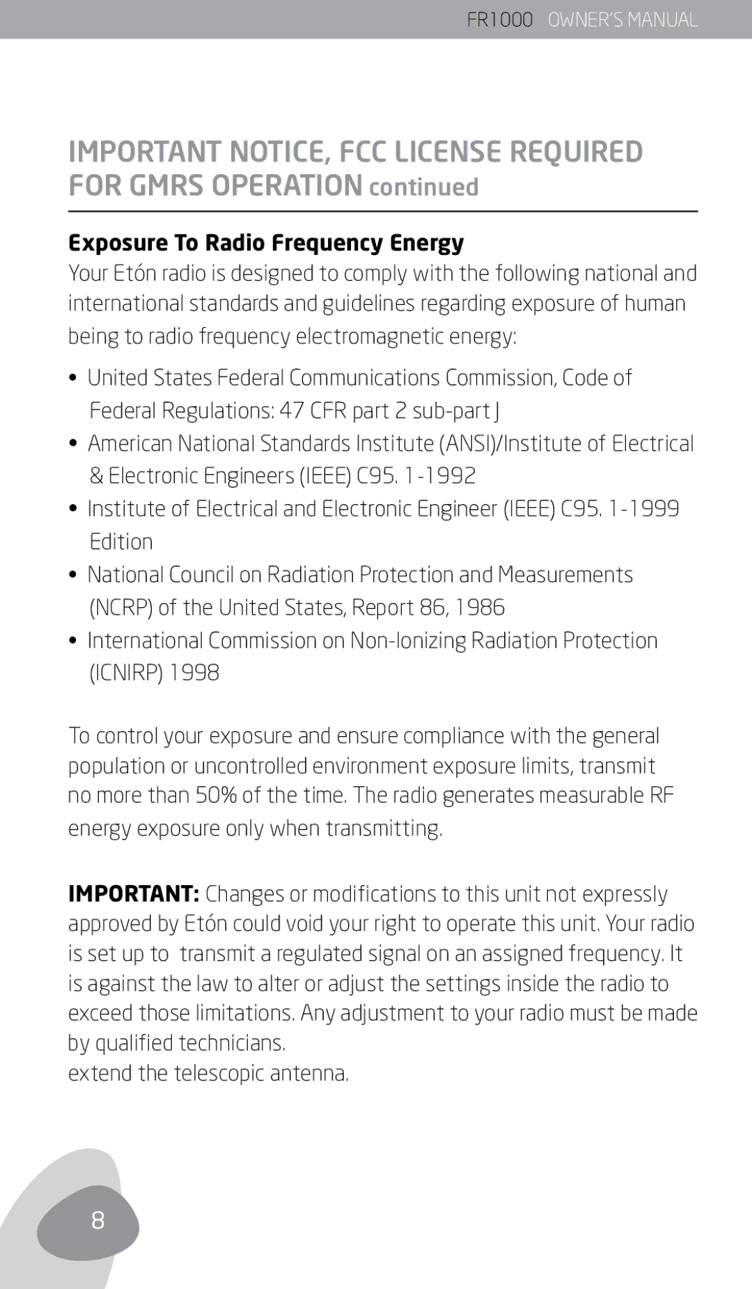 Eton FR1000 owner manual Exposure To Radio Frequency Energy, Icnirp, Energy exposure only when transmitting 