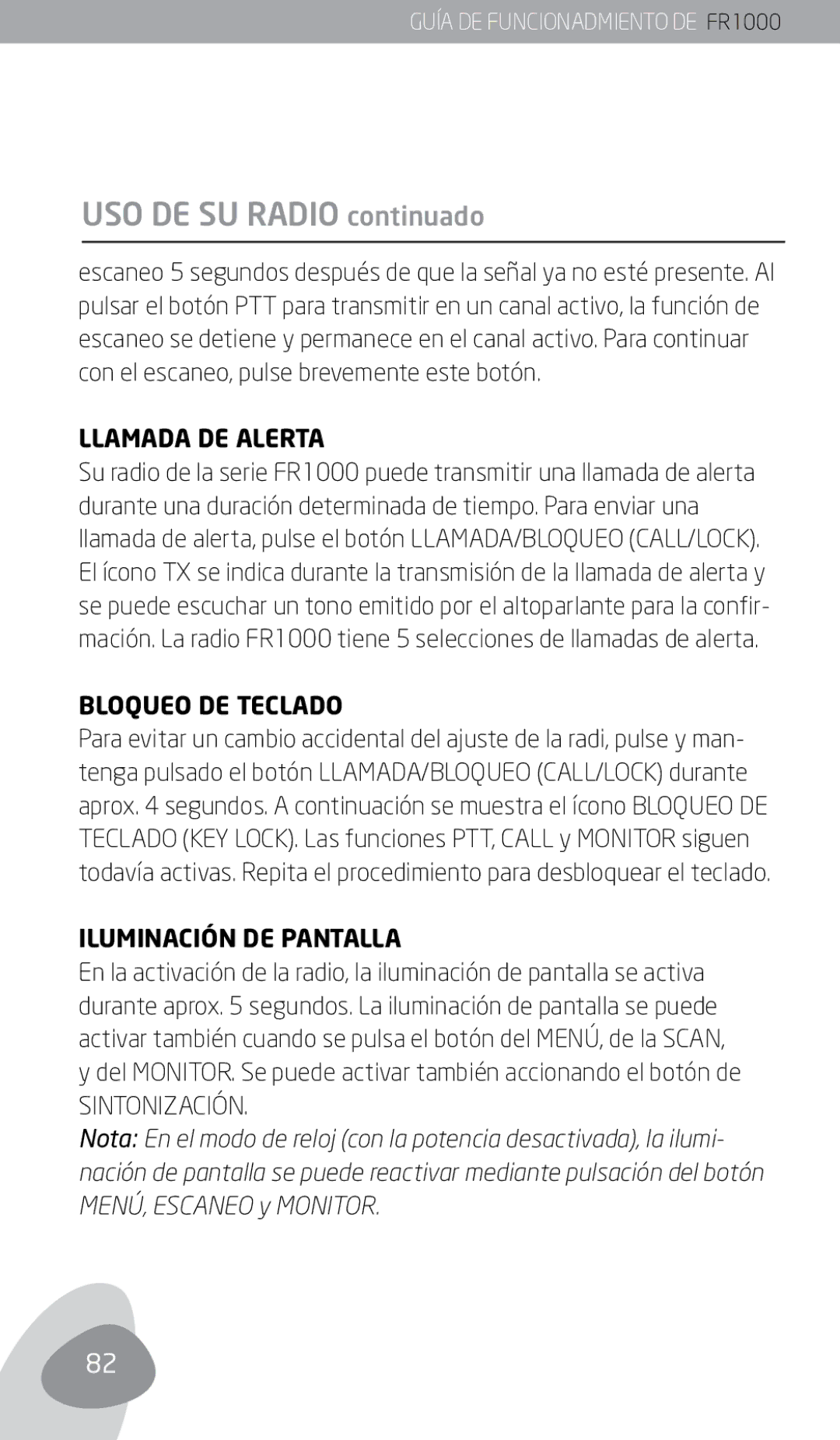 Eton FR1000 owner manual Llamada DE Alerta, Bloqueo DE Teclado, Iluminación DE Pantalla 