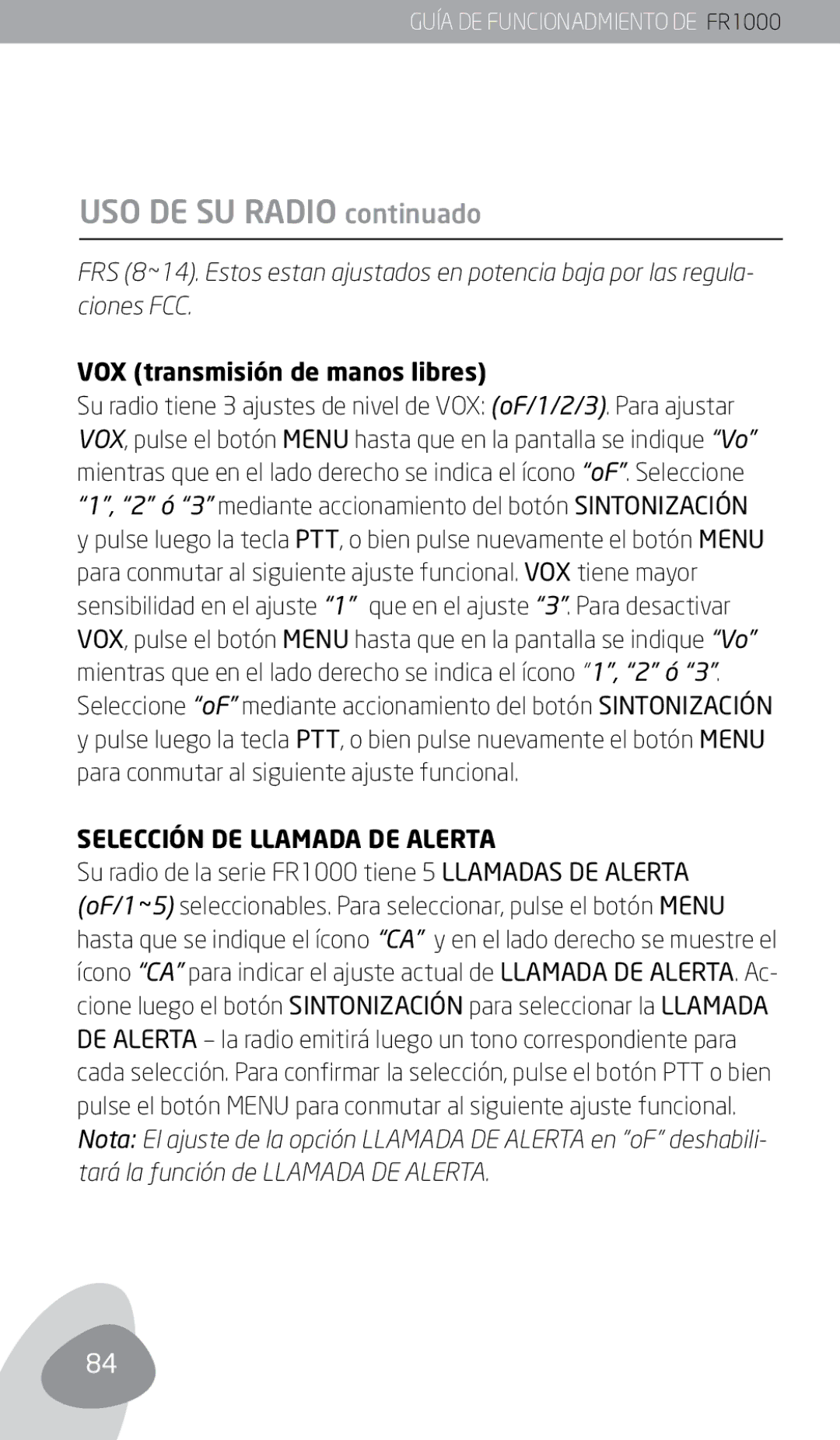 Eton FR1000 owner manual VOX transmisión de manos libres, Selección DE Llamada DE Alerta 