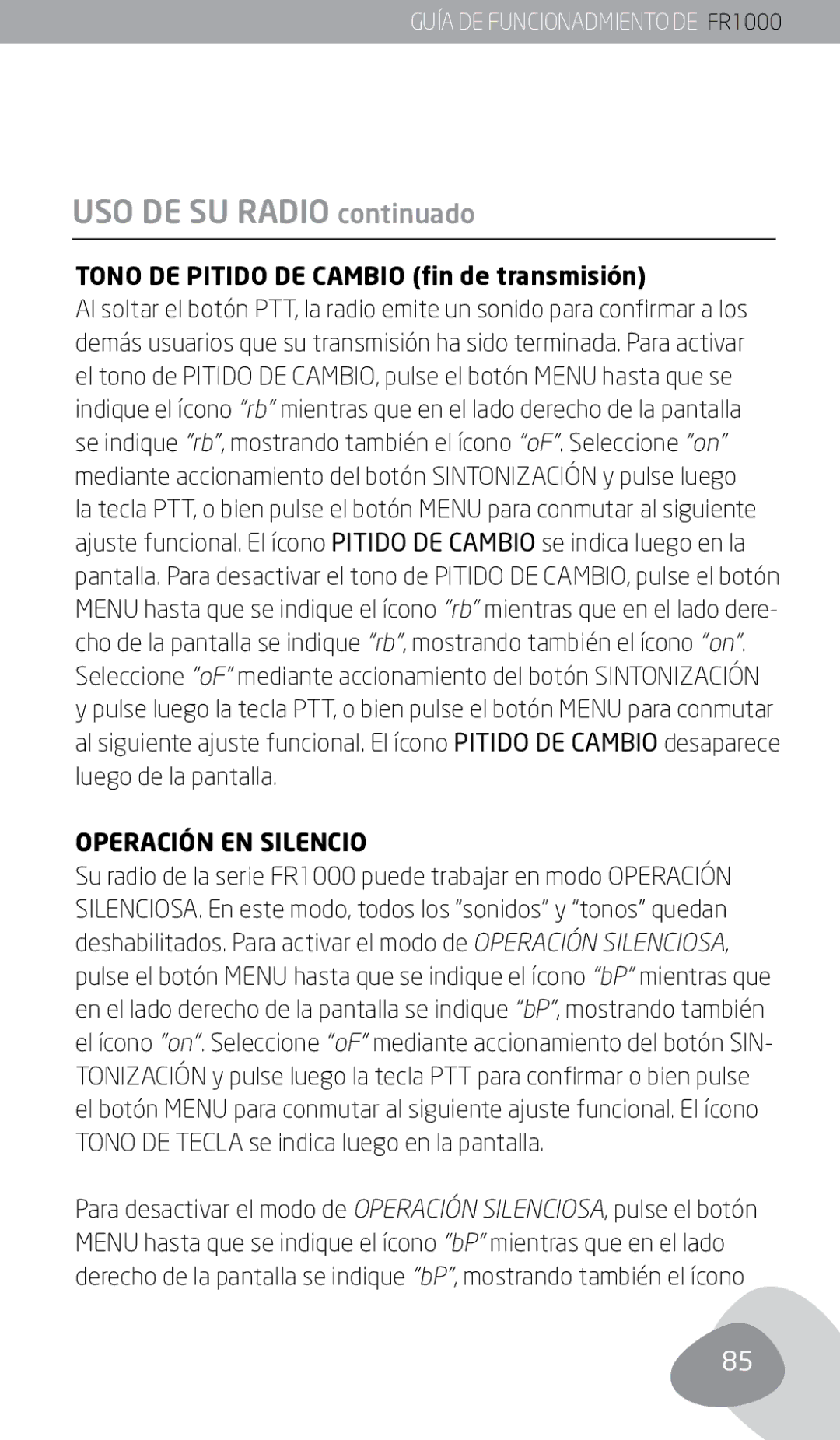 Eton FR1000 owner manual Tono DE Pitido DE Cambio fin de transmisión, Operación EN Silencio 